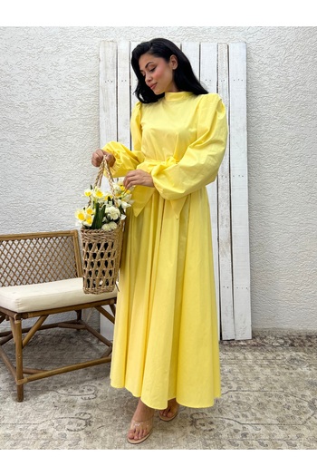 KÜÇÜĞÜM BUTİK Hijab Yellow Big Bow Poplin Flared Dress