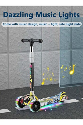 Yelajoy Foldable Kids Scooter With 3 Flash Wheel and Music, Stable and Safe, Gravity Steering, for 3+
