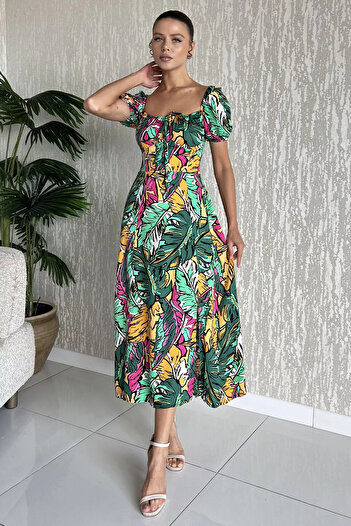 GÜLSELİ Green Women's Back Elastic Front Tie Detailed Patterned Slit Viscose Dress