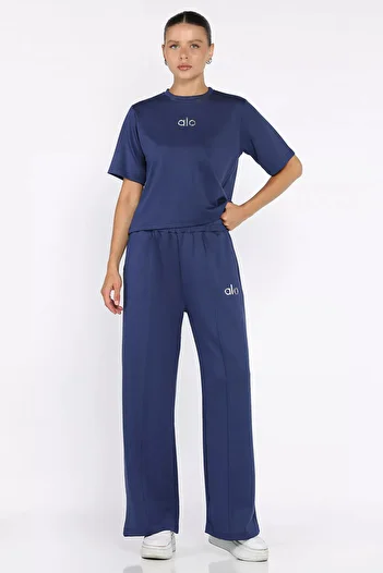 GÜLSELİ Navy Blue Women's Grass Palazzo Trousers T-Shirt Double Set