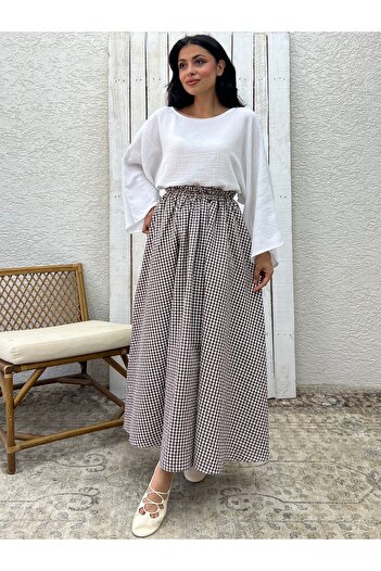 KÜÇÜĞÜM BUTİK Brown Gingham Flared Poplin Skirt
