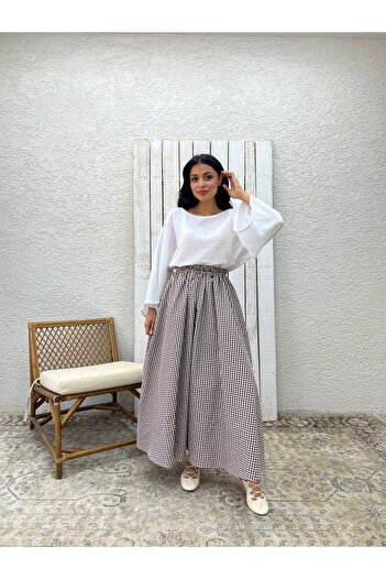 KÜÇÜĞÜM BUTİK Brown Gingham Flared Poplin Skirt