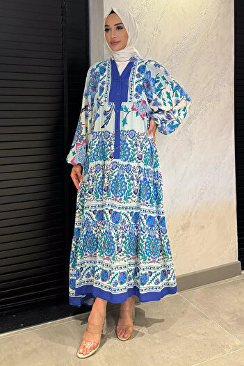 julude Saxblue Women's Front Button Detailed Patterned Hijab Dress