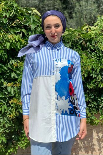 Moda Rosa 25Y4489 - Blue - Satin Detail Poplin Shirt