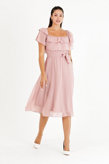 thezkscom Madonna Collar Powder Chiffon Lined Belted Plus Size Dress