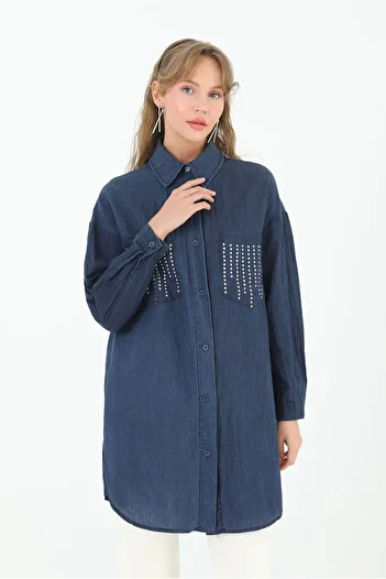 Moda Rosa 25Y4496 - Dark Blue - Linen Jeans Shirt with Pocket Details