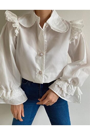MELEK KOSTAK Women's Design Baby Collar Scalloped Embroidered Shoulder Sleeve Ruffled Button Brode Poplin Hijab Shirt