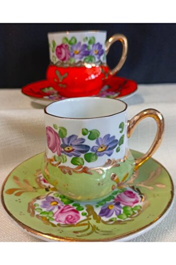 BY.RAYKA PORSELEN El Dekor Saray Porcelain Hand Painting Set of 2 Coffee Cups