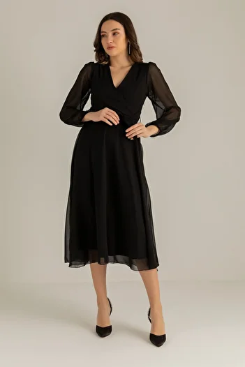 thezkscom Black Balloon Sleeve Double Breasted Midi Chiffon Dress