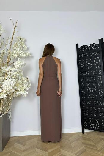 gesmoda G1473 Halter Neckline Evening Dress with Stone and Drape Detail Brown