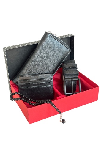 Tisaati Premium Series Luxury Leather Vertical Zipper Phone Compartment Wallet Belt Card Holder and Prayer Beads Men's Set