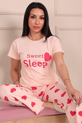 Niket Life Women's Sweet Sleep Slogan Crew Neck Short Sleeve Six-Long Combed Cotton Pajama Set