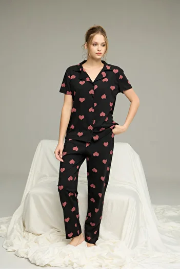 Siyah İnci Black Pink Heart Pattern Knitted Button Pajamas Suit 7610