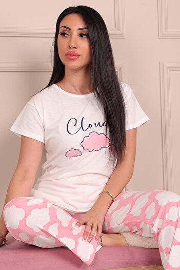 Niket Life Women's Cloud Slogan and Cloud Pattern Printed Crew Neck Short Sleeve Six-Long Combed Cotton Pajamas Set