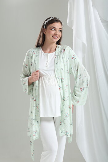 Tuba Kadın Yeşil Çiçek Desenli Dokuma Sabahlık Lohusa Hamile 3'Lü Pijama Takımı