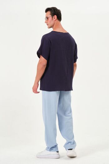 RELAXL 100% Cotton Oversize Dirty Stitching V-Neck Navy Blue Tril Tril Muslin T-Shirt