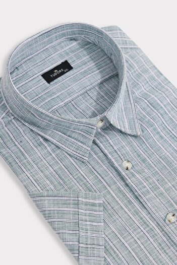 Tudors Men's Big Size Large Size 100% Cotton Collar Buttoned Linen Texture Single Pocket Striped Short Sleeve Green Shirt