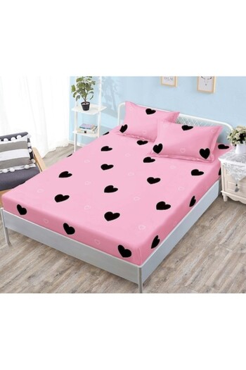 OEM Husa de Pat, cu Elastic, 3 Piese, Bumbac Satinat, 180x200cm, Imprimeu Inimioare, Roz-Negru