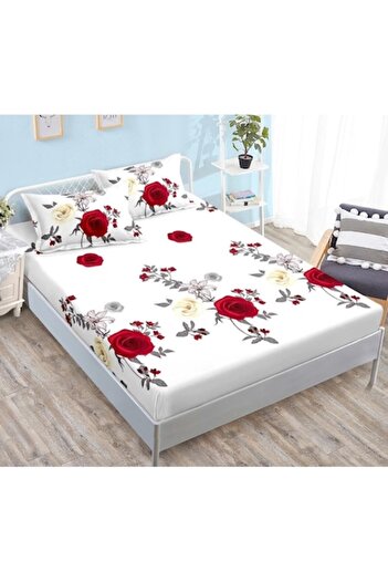 OEM Husa de pat dublu si fete de perne, Finet, Imprimeu Trandafiri Rosi, 180x200cm, 3 piese, 2 persoane,