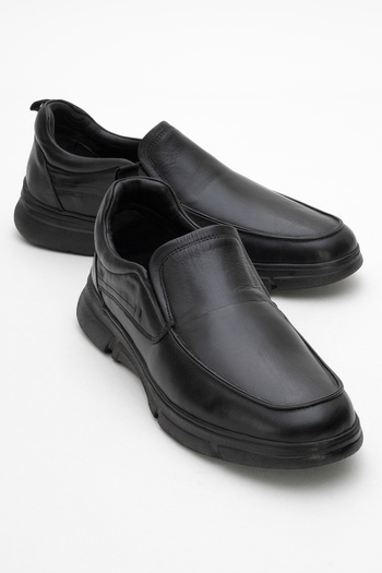 Dericlub Men's Thick Sole Laceless Comfort Shoes Real Leather Cr 2676 Black