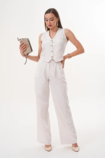 ŞİMAL Women's Ribbon Button Detailed Vest Trousers Double Suit 250642 -