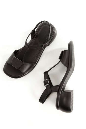 Modabuymus Tenus Black Genuine Leather Buckle Sandals Thick Heeled Women's Shoes
