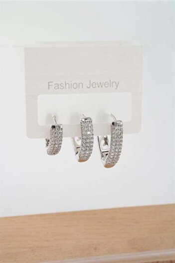 By Zeyna Aksesuar Women's Vip Series Zircon Stone 3 Size 3-Piece Earring Set