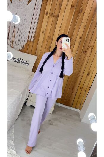 ByGamzeArman Purple Color Long Sleeve Cotton Fabric Loose Fit Maternity Confinement Pajamas Set