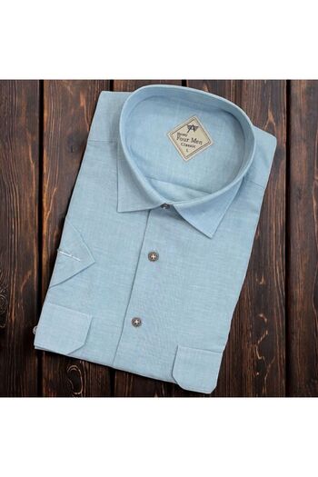 GÖMLEK GALERİSİ Men's Classic Relaxed Fit Flap Double Pocket Short Sleeve Solid Linen Shirt