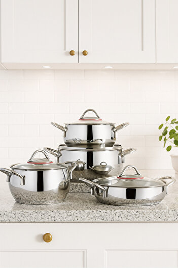 Gülümseten Avm 8 Piece Steel Cookware Set – with Lids, Induction Cooktop Compatible, 4 Different Sizes – 3, 2.2, 2.7, 4 Liters
