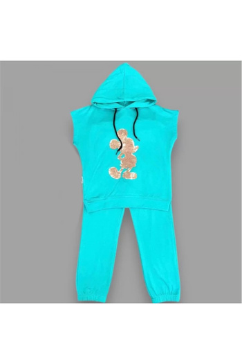 veralya 3-4-5 Years Old Hooded Sequined Mickey Patterned Short Sleeve Set of 2 Girls and Boys Turquoise
