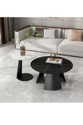 Generic Set of two coffee tables with marble wood and iron - black and white