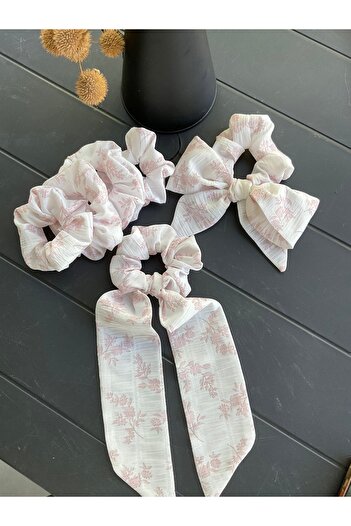 MADE BY PERİ Romantic Powder Flower Patterned Bow and Elastic, Tail Buckle (Set of 2 with Elastic and Tail)