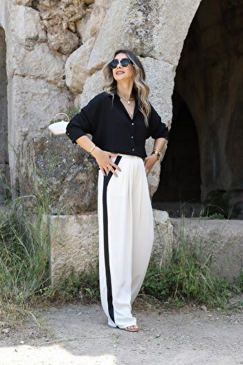 bytugcekaya Ecru Satin Striped Palazzo