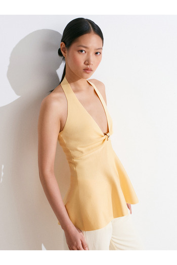 Dilvin 10787 Halter Neck Metal Detailed Peplum Knitwear Blouse-Yellow