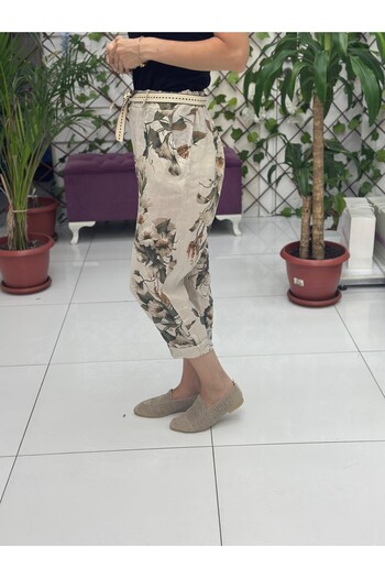 Punta Otantik Nc7232 Italian High Waist Linen Ankle Pants Cream