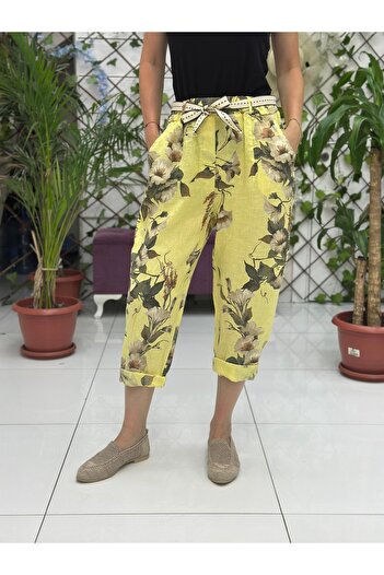 Punta Otantik Nc7232 Italian High Waist Linen Ankle Pants Yellow