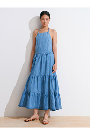 Dilvin 90570 Rochie lungă din denim cu gât în ​​gât-albastru
