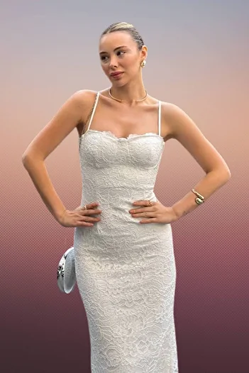 Moda Amore Lace Dress - Stylish Design with Strap and Slit Detail |   Wedding - Wedding - Invitation Dress |   887