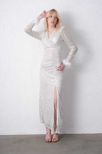 CİXAPLE Double Breasted Collar Long Sleeve Feather Detailed Dress