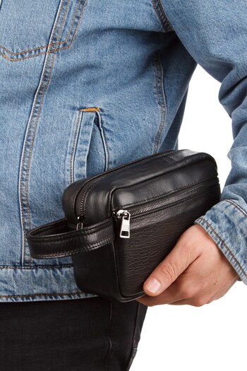 Newish Polo Men's Black Genuine Leather Portfolio Clutch Shaving Cosmetic Care and Daily Handbag New278