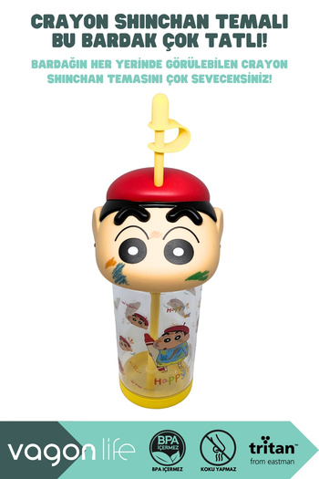 Vagonlife 500ml Crayon Shinchan Figured Lid Silicone Based Tritan Cup/Cup with Straw