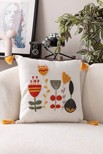 BUGİ HOME COLLECTİON Comfort Punch Pattern Throw Pillow Cover Square Decorative Bohemian Embroidered Sofa Pillowcase Poncho 45X45