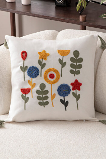 BUGİ HOME COLLECTİON Comfort Punch Pattern Throw Pillow Cover Square Decorative Bohemian Embroidered Sofa Pillowcase Poncho 45X45