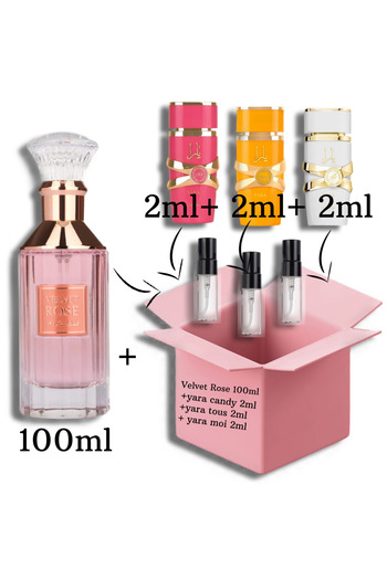 lattafa Velvet Rose 100ml EDP + samples 2ml of (Yara Candy+Yara Tous+Yara Moi)