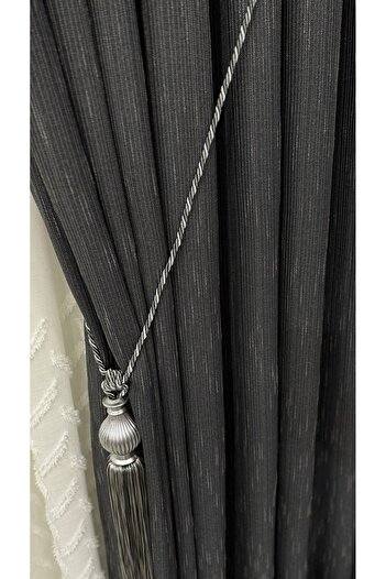 Fon Dünyası Anthracite Striped Linen Textured Background Curtain (Single Wing)