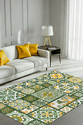 The Reef Design Patchwork Seramik Desenli Dokuma Taban Dijital Baskılı Yııkanabilir Çini Desenli Yeşil Salon Halısı