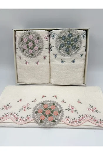 AYHANHOME 3 Pieces Velvet Luxury French Guipure Embroidered Boxed Dowry 50X90 Hand and Face Towels