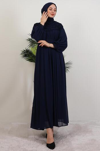 GİYZAMİLA Gipe Detail Chiffon Dress Navy Blue