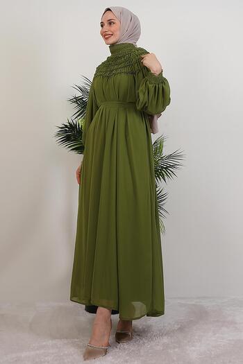 GİYZAMİLA Gipe Detail Chiffon Dress Fat Green